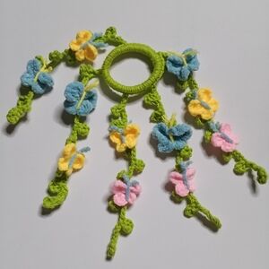 Kids Butterfly Crochet Hair Tie in Green with Blue, Yellow & Pink Accents